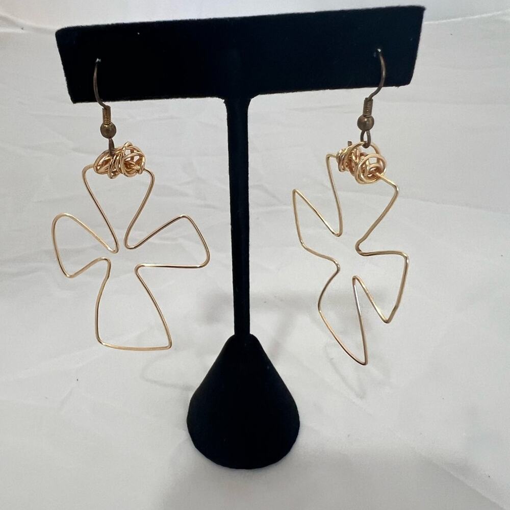 Gold wire cross earrings, fishhook